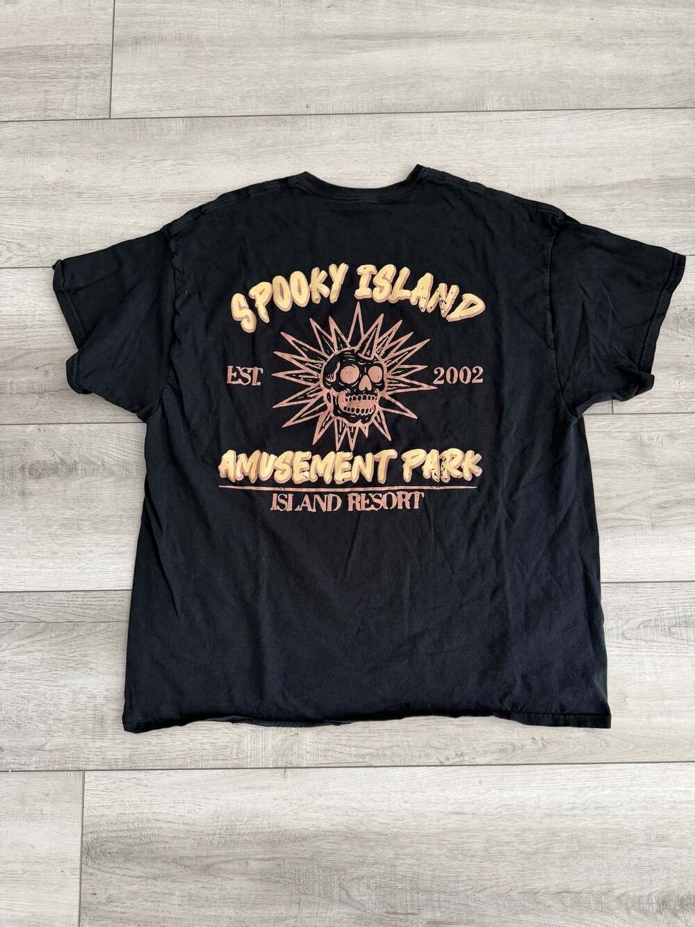 Y2K Spooky Island Est 2002 Amusement Park Skull Black T-Shirt